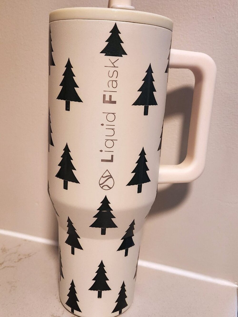 Liquid Flask 40oz Insulated Tumbler - Cream color with Pine Trees